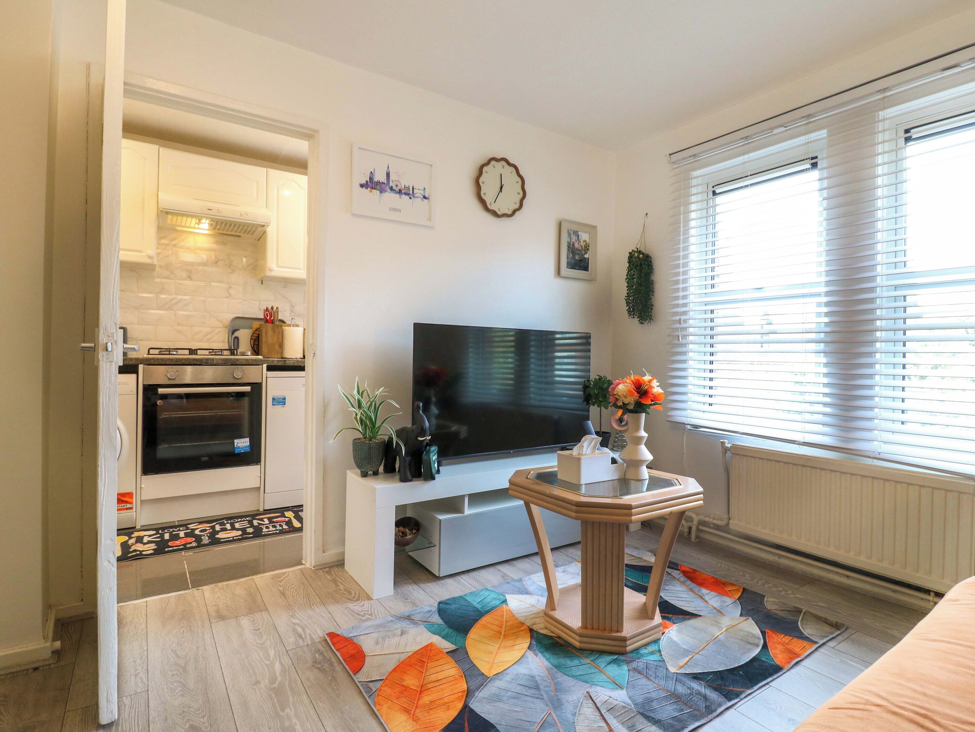 A modern kitchen with built-in appliances, a flat-screen TV, and a decorative rug.