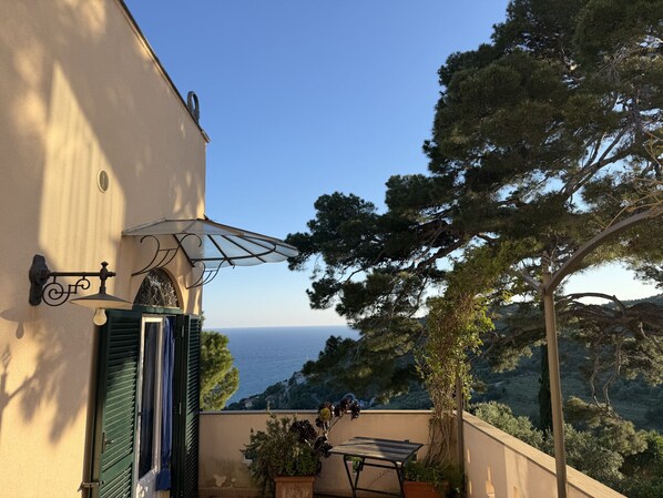 A balcony with a view of the sea, a table, and a potted plant. - Tery’s Apartment (Imperia)