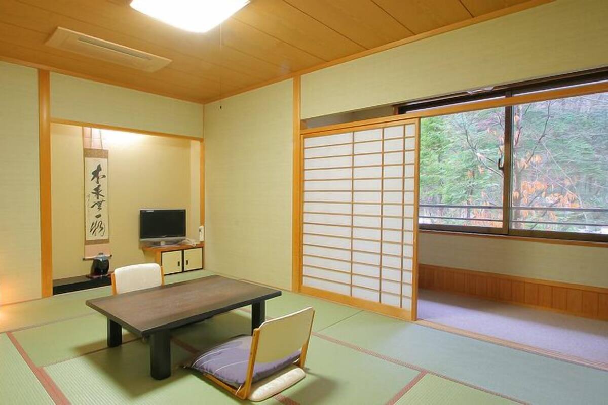 A traditional Japanese room with tatami flooring, a low table, a television, and a sliding door with a view of trees.