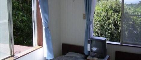 A room with two beds, a television on a small table, and a window with curtains.