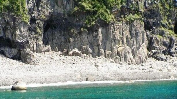 A coastal landscape with a rocky shoreline and clear blue water. - Pension Blue Marlin (Hachijo)