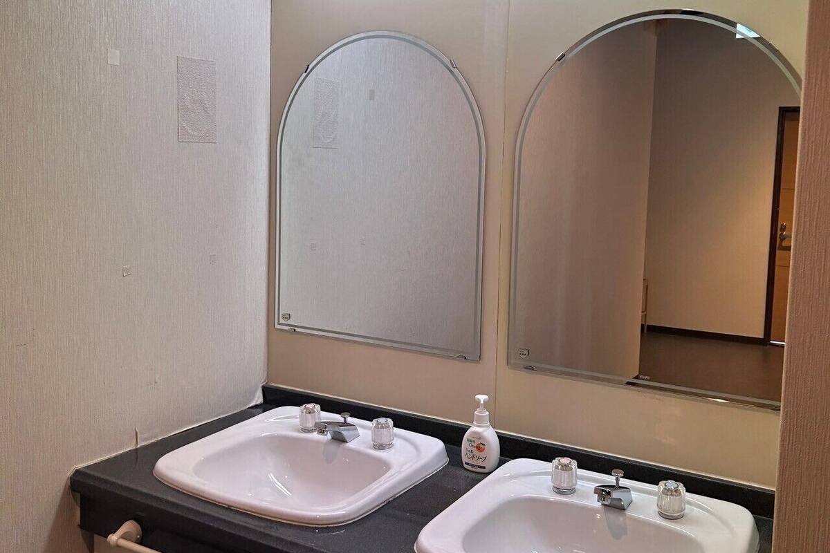 Une salle de bain avec deux lavabos, un miroir et un distributeur de savon.