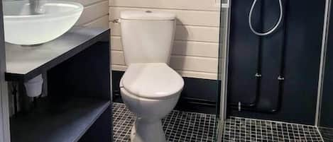 Regadera, secadora de cabello, papel de baño