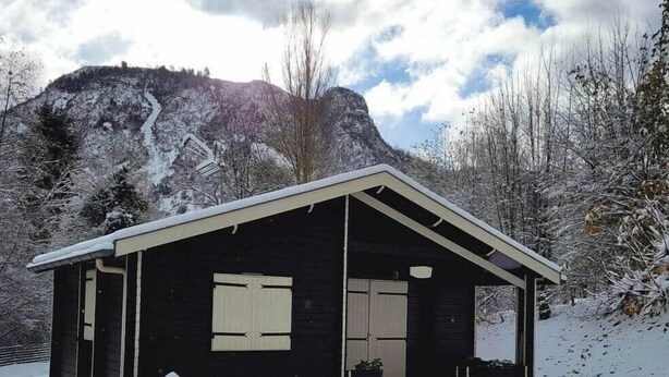 A small cabin with a sloped roof, a door, and a window, surrounded by snow-covered trees and a mountain in the background.