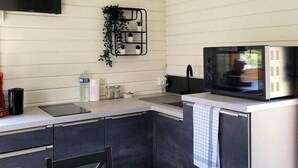 A compact kitchen with a microwave, sink, and a small plant on the wall.