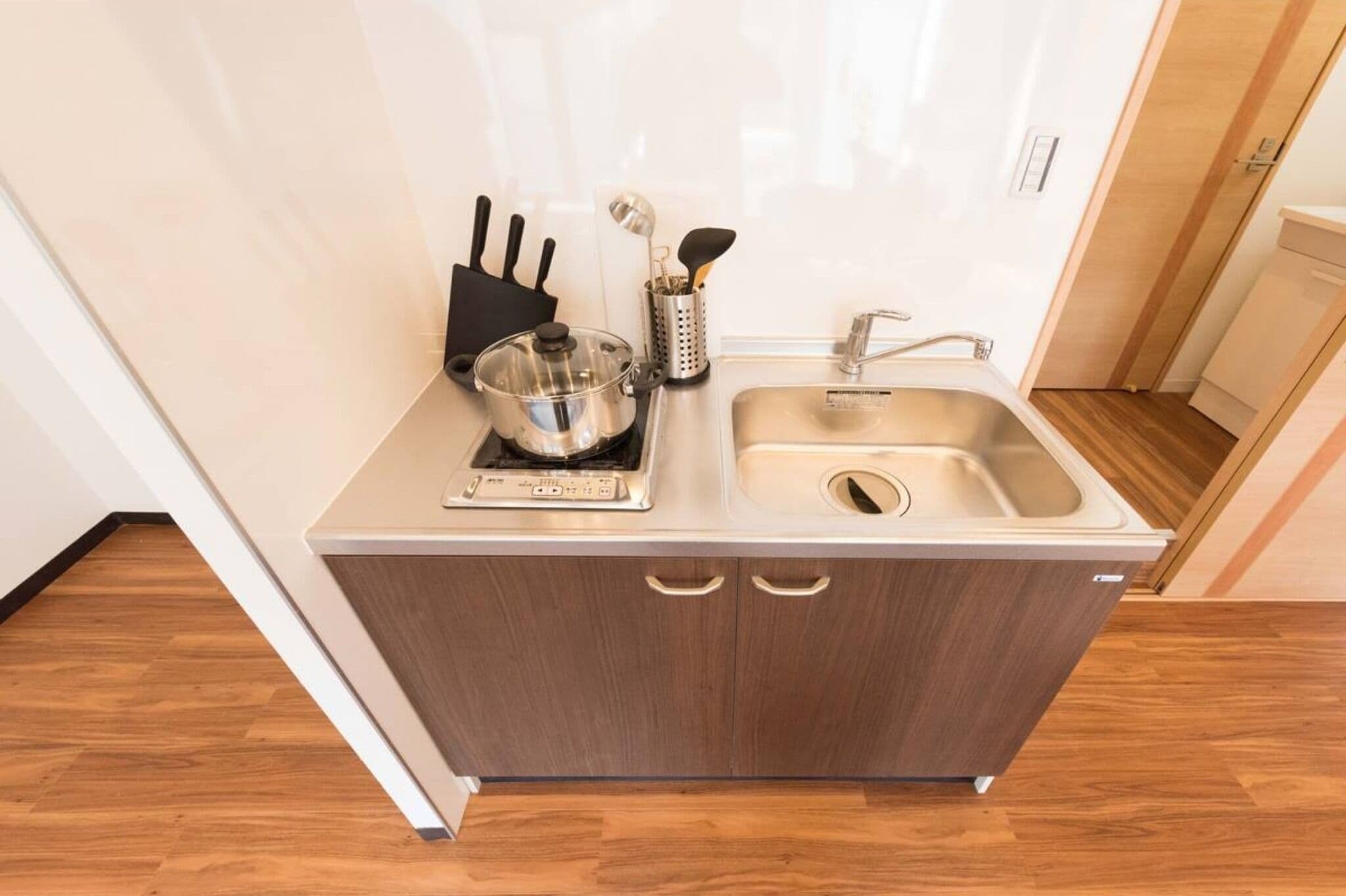 Fridge, microwave, cookware/dishes/utensils