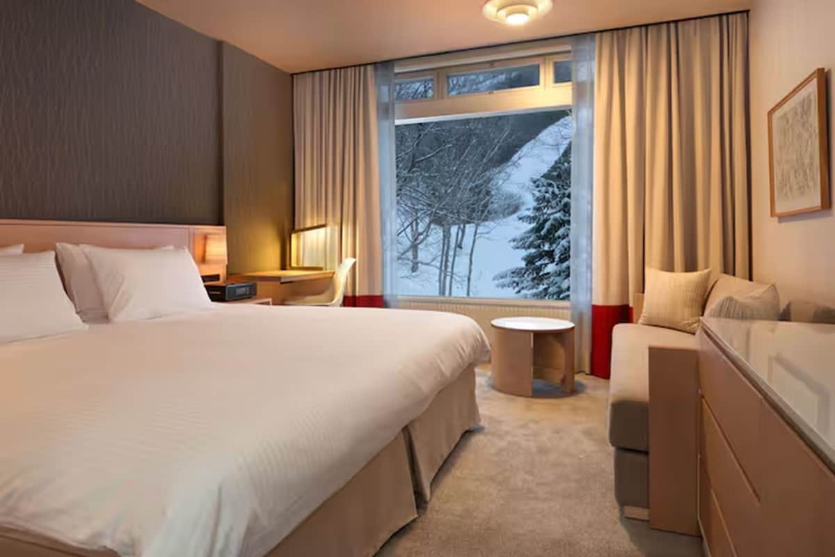 A hotel room with a large bed, a desk, a chair, and a sofa.