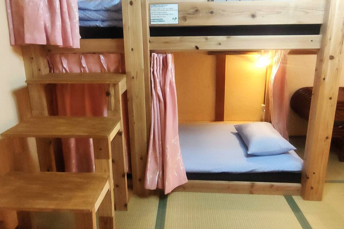 A bunk bed room with a wooden ladder, a single bed with a pillow, and a small table.