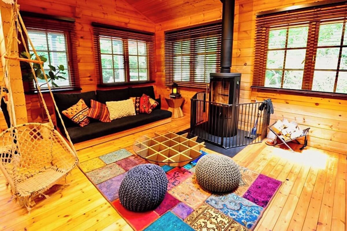 A cozy cabin interior with a wooden floor, a black sofa with colorful cushions, a hanging chair, a black fireplace, and a window with blinds.