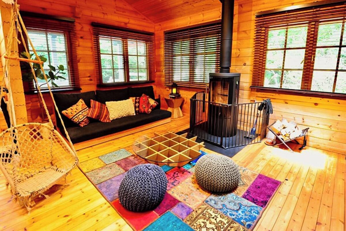 A cozy cabin interior with a wooden floor, a black sofa with colorful cushions, a hanging chair, a black fireplace, and a window with blinds.