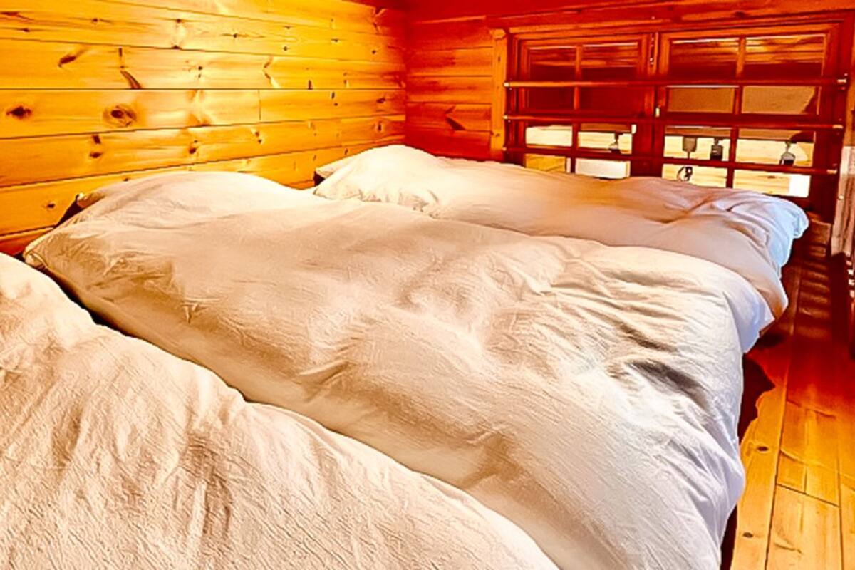 A cabin with wooden walls, a bed with white bedding, and a window with a view.