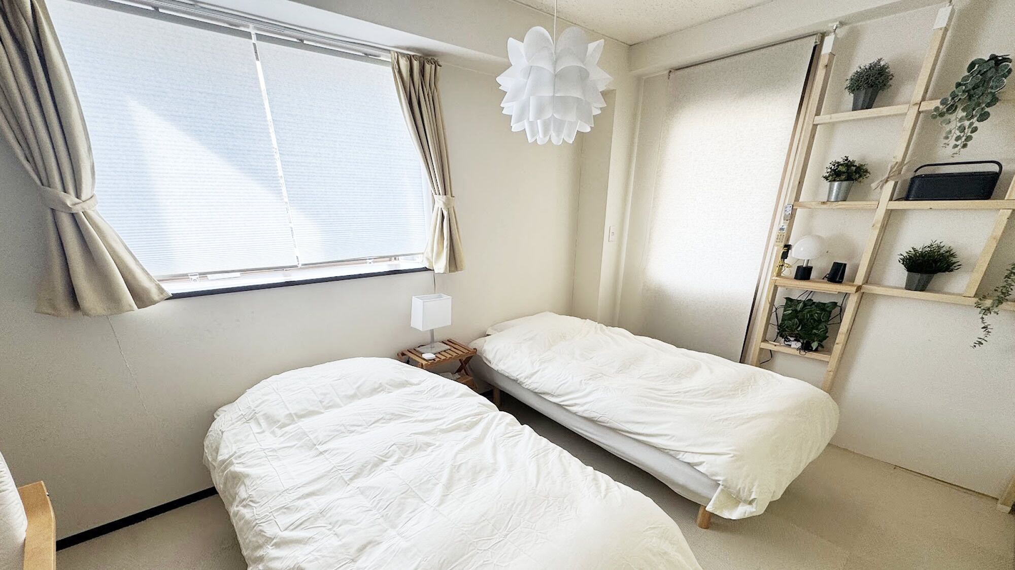 A bedroom with two beds, a window with curtains, a bedside table with a lamp, and a shelving unit with plants.