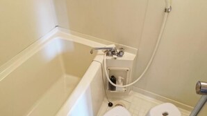 Een badkamer met een bad, een douche en twee witte toiletzittingen.