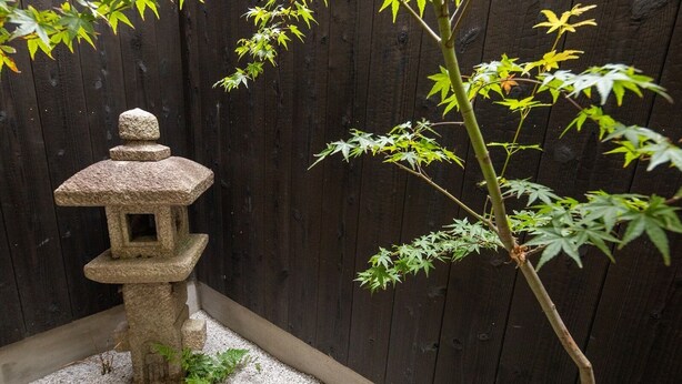 A stone lantern and a bamboo plant in a garden setting. - Tsumugi Horikawa Kichimonji (Kyoto)