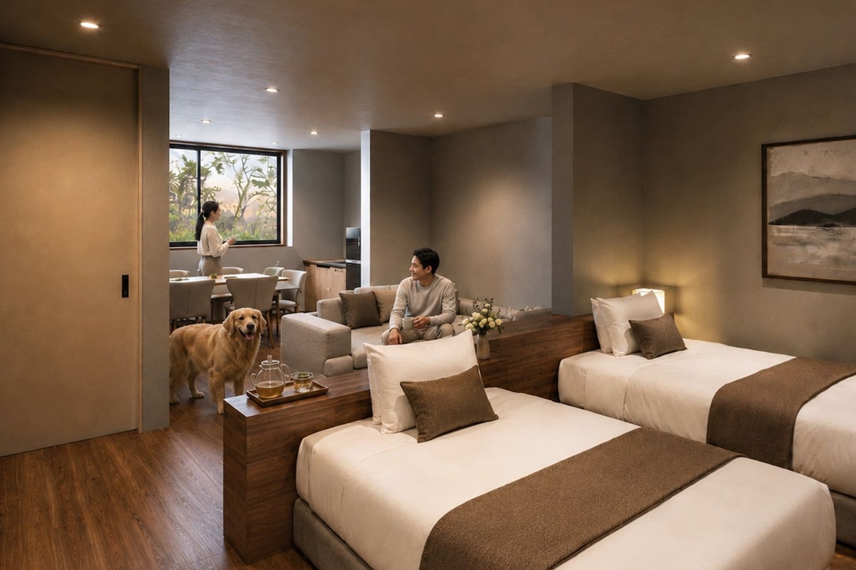 Une chambre d’hôtel avec deux lits, un canapé, un coin repas et une grande fenêtre.