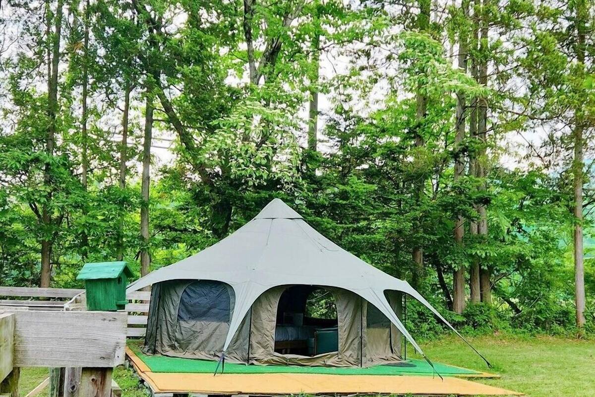 A tent with a green platform in a wooded area.