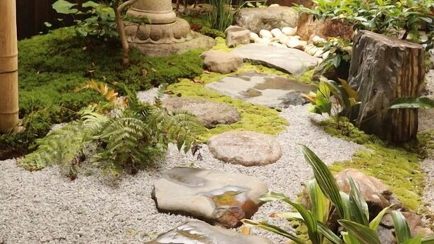 Um jardim com um candeeiro de pedra, pedras para pisar e diversas plantas.
