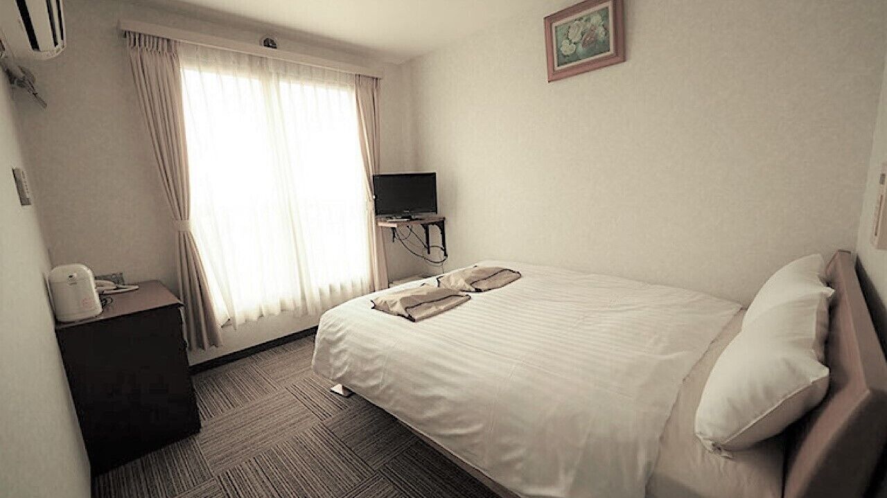 Ein Hotelzimmer mit Bett, Schreibtisch, Fernseher und einem fensterbepflanzten Fenster.