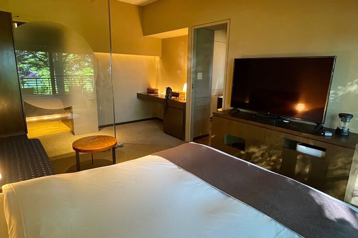 Habitación de hotel con cama, televisor, escritorio, silla y vista a zonas verdes.