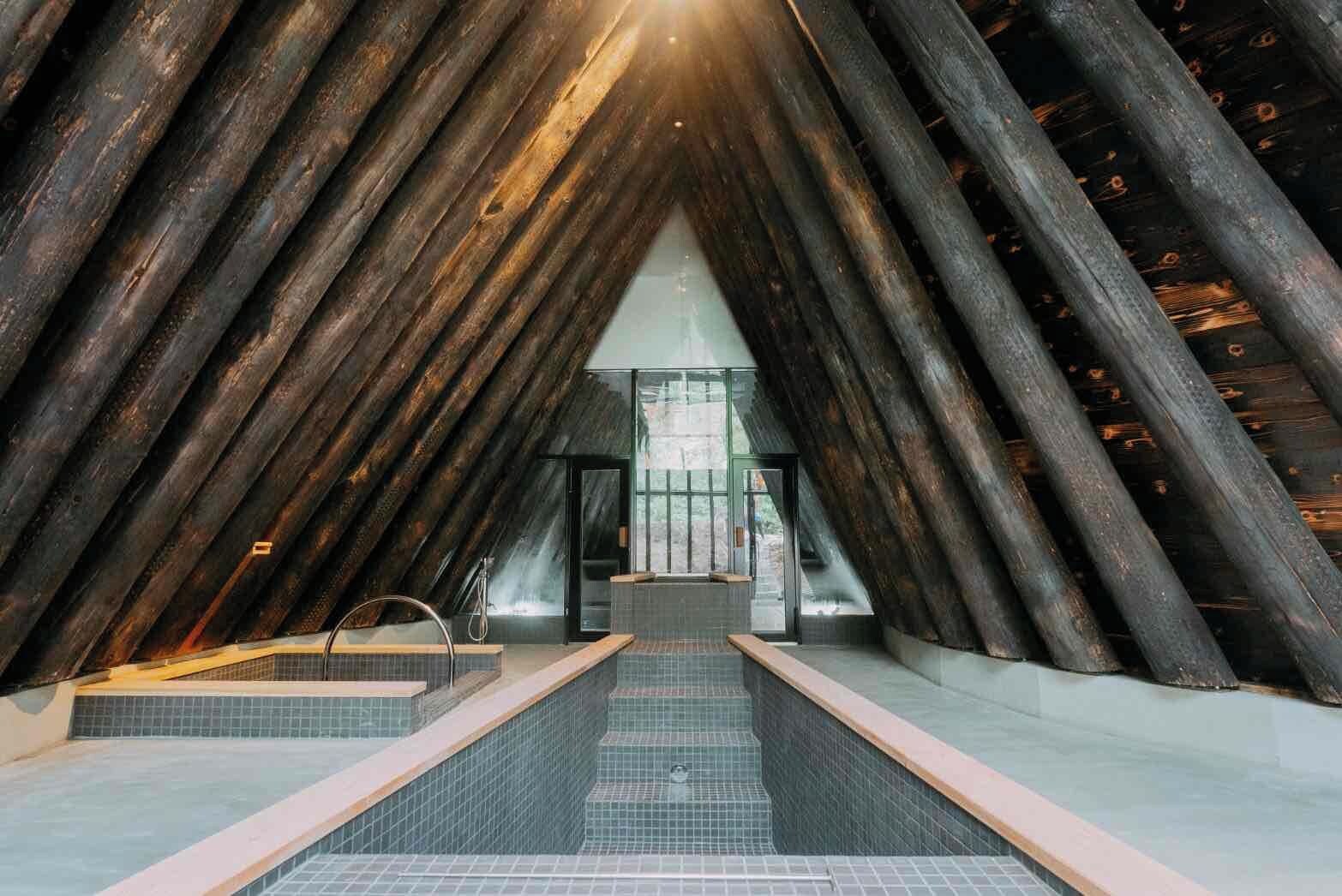 Un interior moderno con techo inclinado y una puerta de vidrio central que da a un espacio exterior.