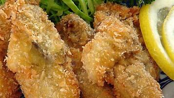 Ein Teller mit paniertem und frittiertem Essen, vermutlich Chicken Nuggets, dazu ein Beilagensalat mit grünen Gemüsesorten und eine Zitronenscheibe.