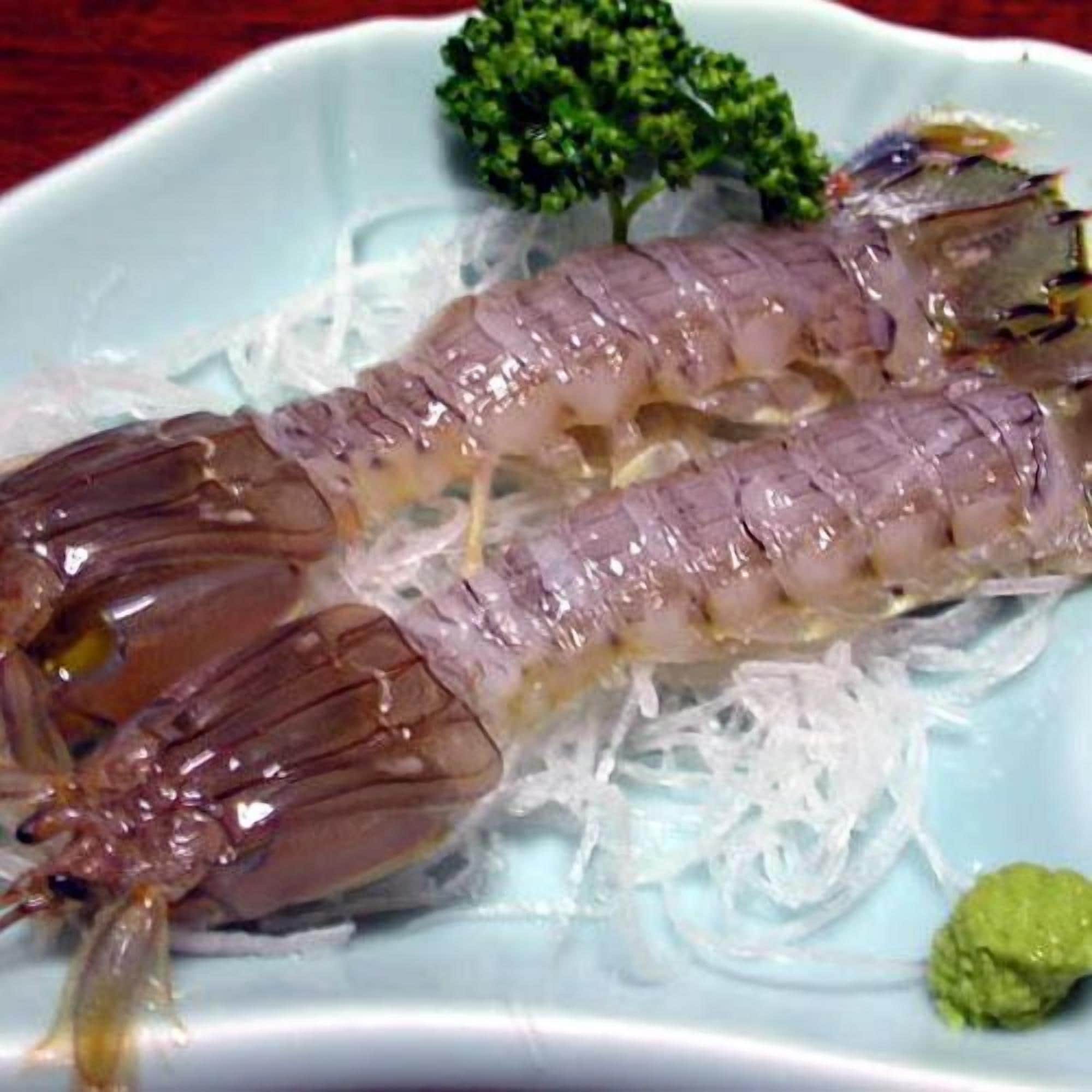 Ein Teller mit einem Fischgericht, möglicherweise Sushi oder Sashimi, begleitet von einer kleinen grünen Dekoration und einer Sauce.