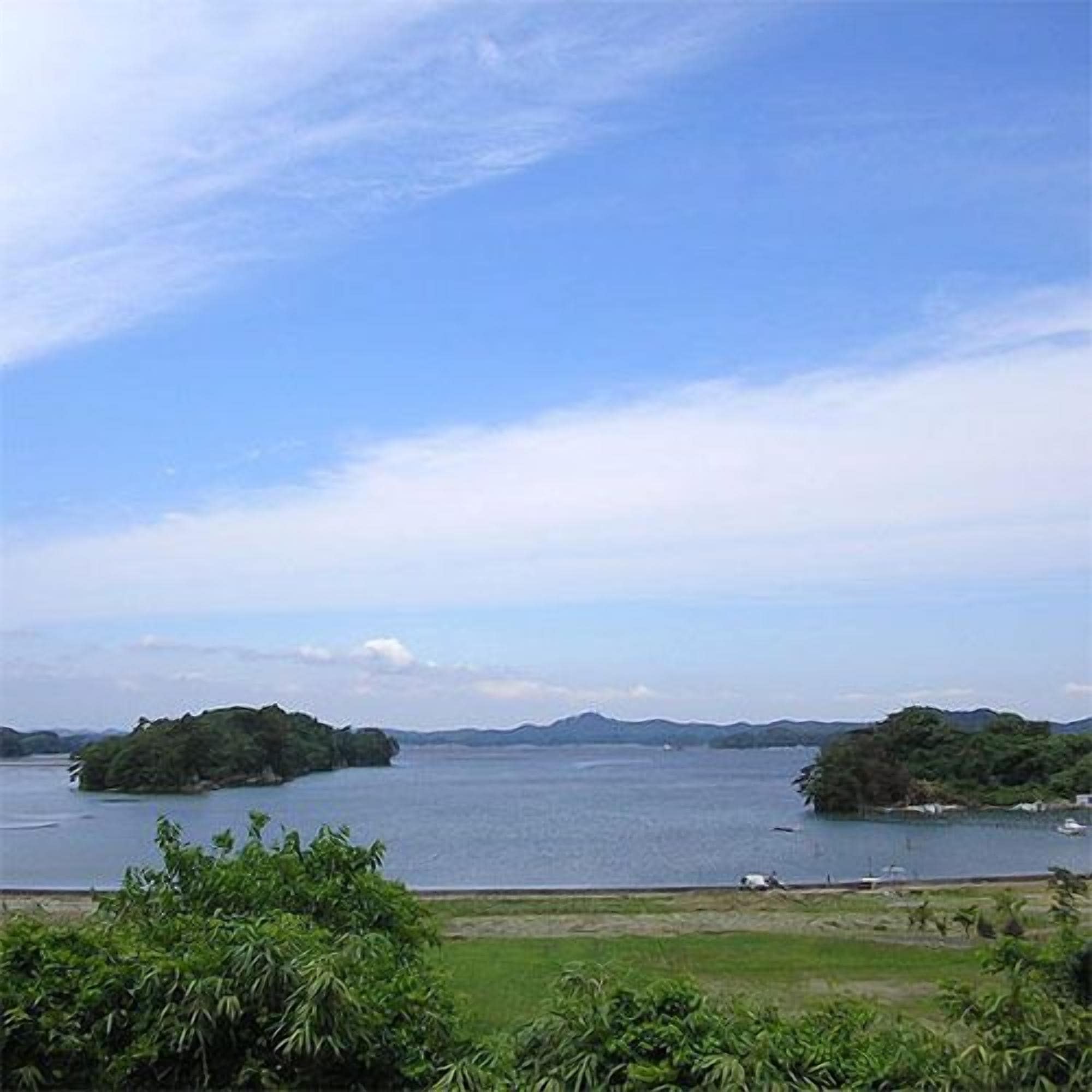 Eine Küstenlandschaft mit einem Gewässer, einer kleinen Insel und Bergen in der Ferne.