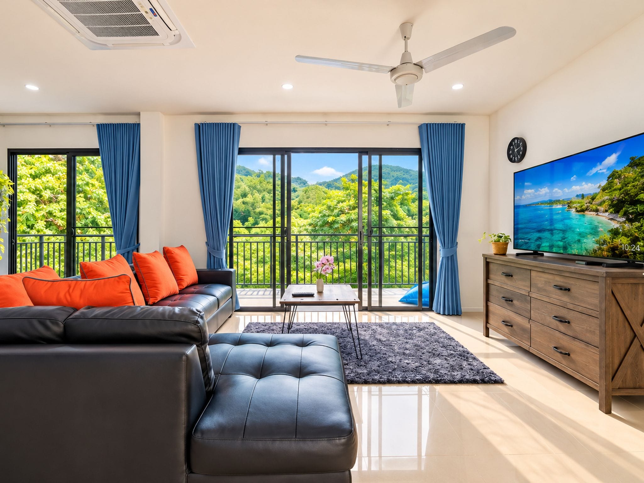 A modern living room with a sofa, a coffee table, and a TV on a wooden cabinet.