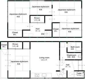 Japanilaistyylinen hotellihuone, jossa on useita japanilaiseen tyyliin sisustettuja huoneita, eteinen, vaatehuone, olohuone, kylpyhuone ja wc.