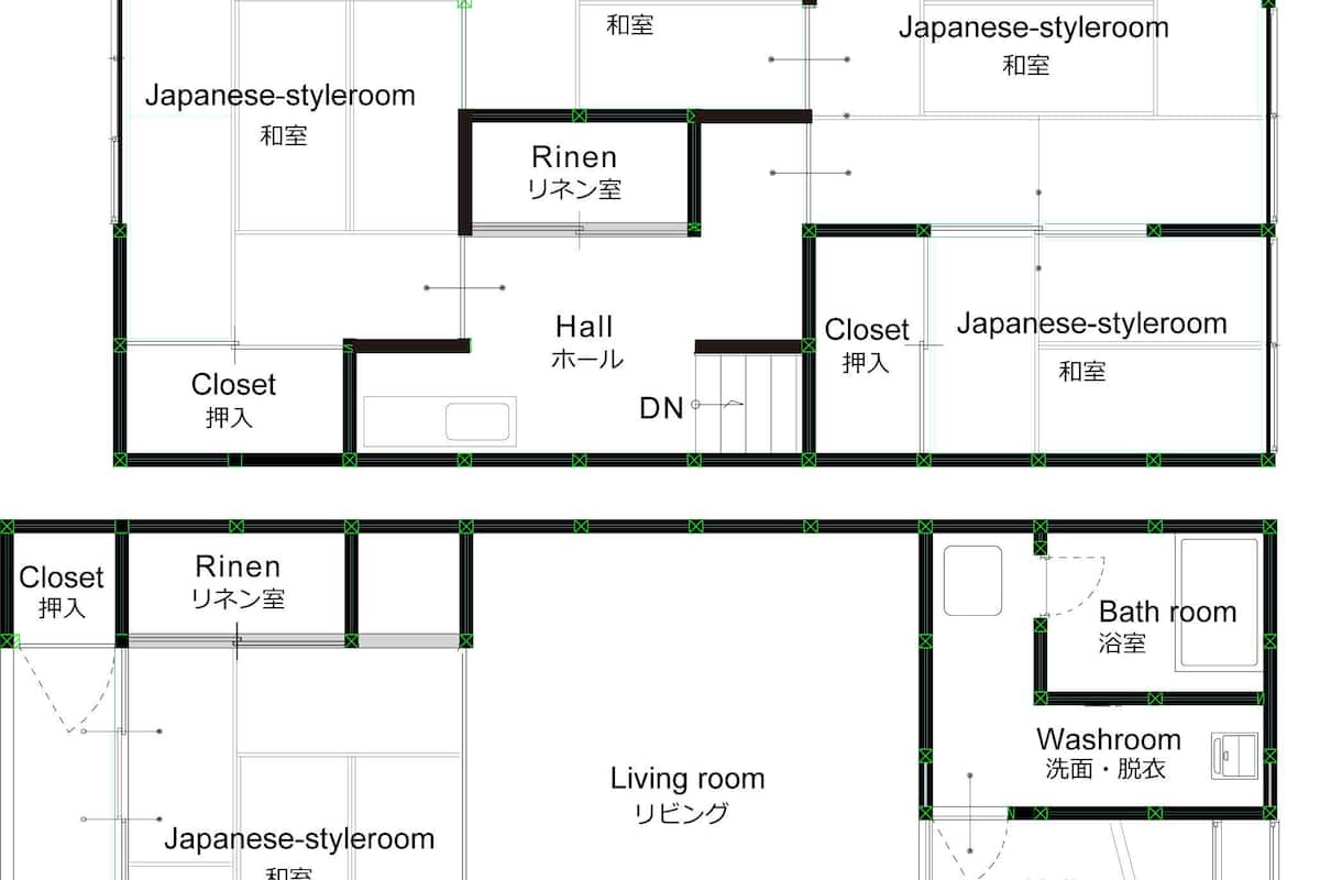 Ein Hotel im japanischen Stil mit mehreren Zimmern im japanischen Stil, einem Innenhof, einem Schrank, einem Wohnzimmer, einem Badezimmer und einer Toilette.