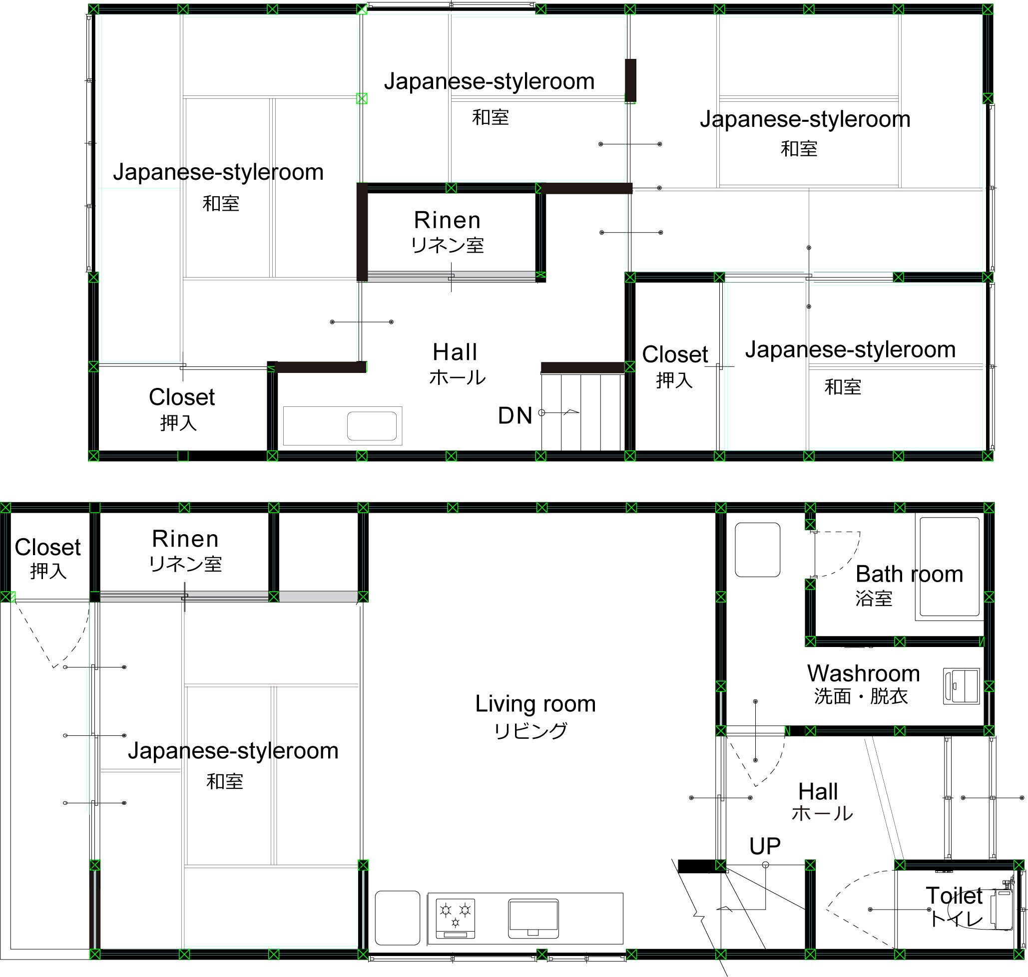 Grundriss eines japanischen Hotels mit mehreren Zimmern im japanischen Stil, einem Rinen, einem Schrank, einer Diele, einem Wohnzimmer, einem Badezimmer und einer Toilette.