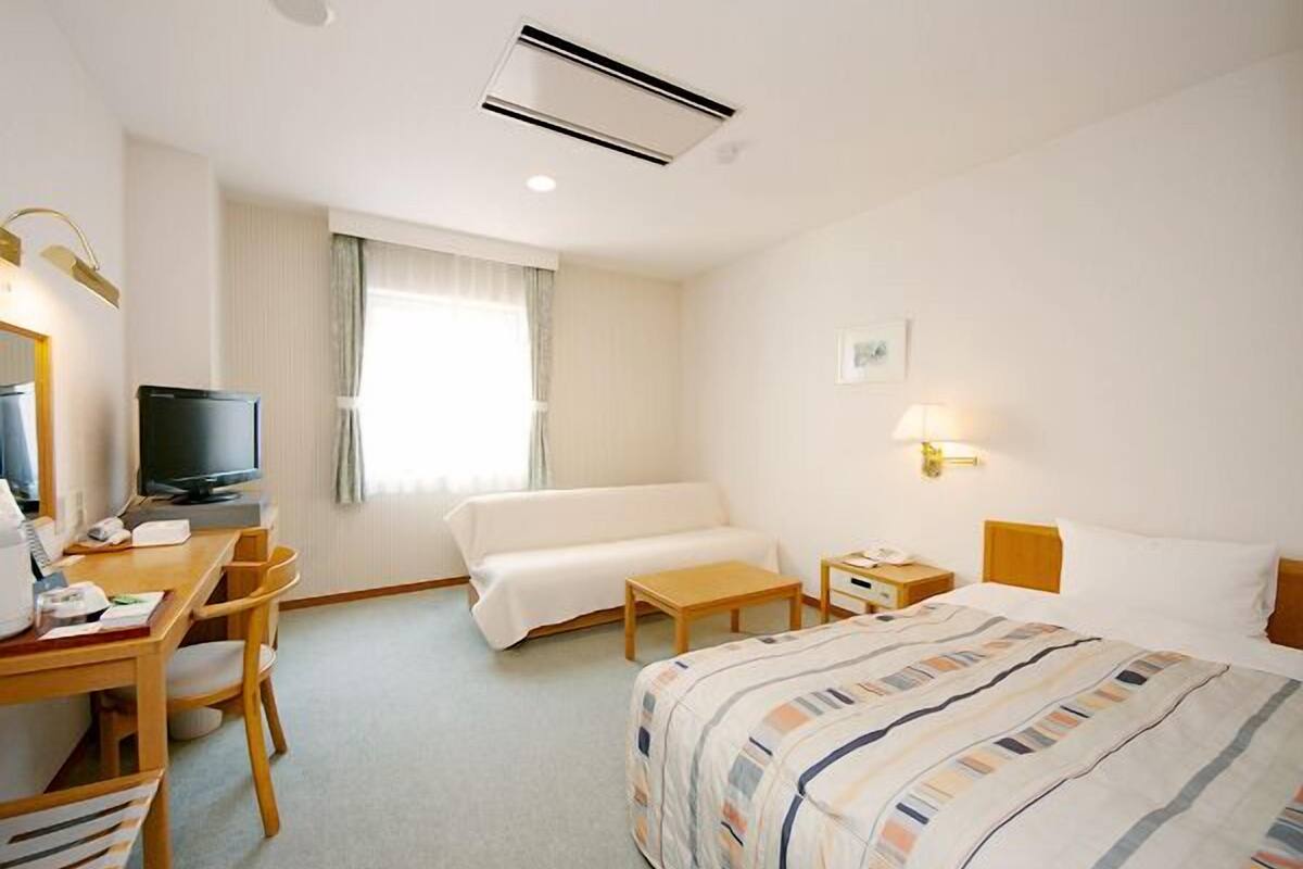 A hotel room with a bed, a desk with a television, a chair, a bedside table, and a window with curtains.