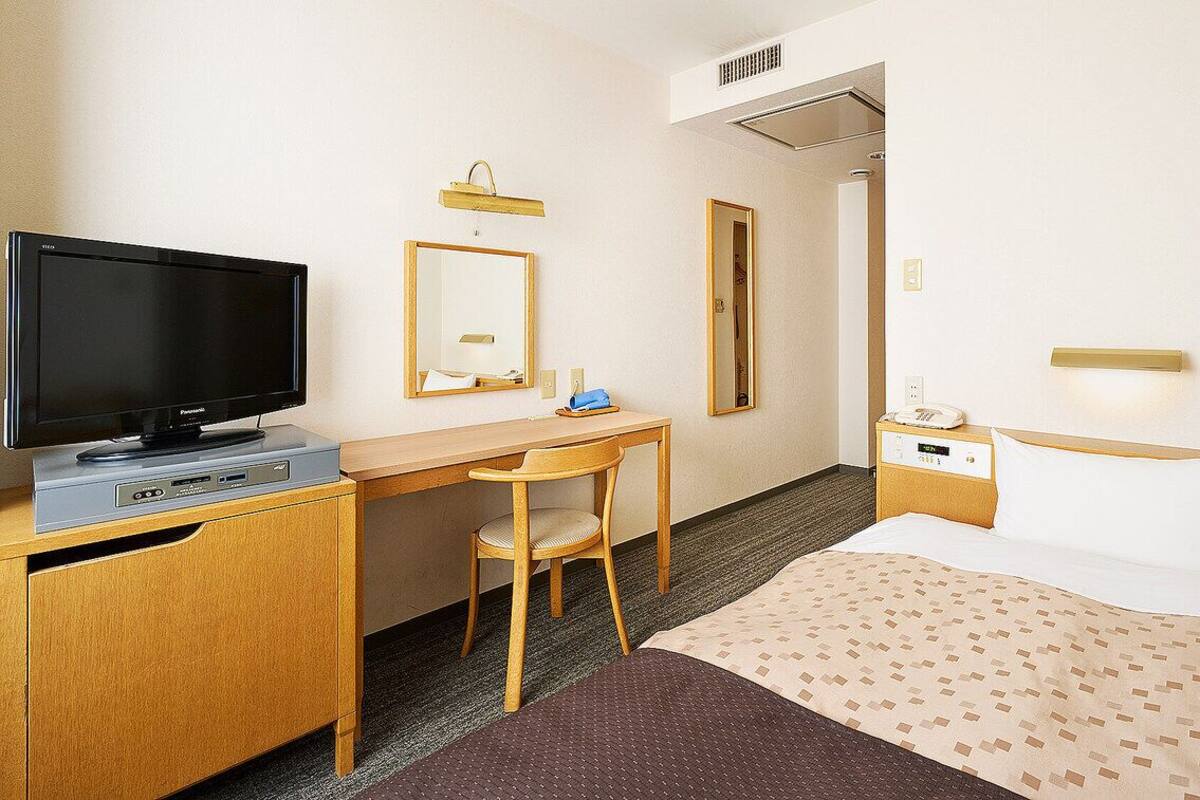 A hotel room with a bed, a desk with a television, a chair, a bedside table with a phone, and a mirror.