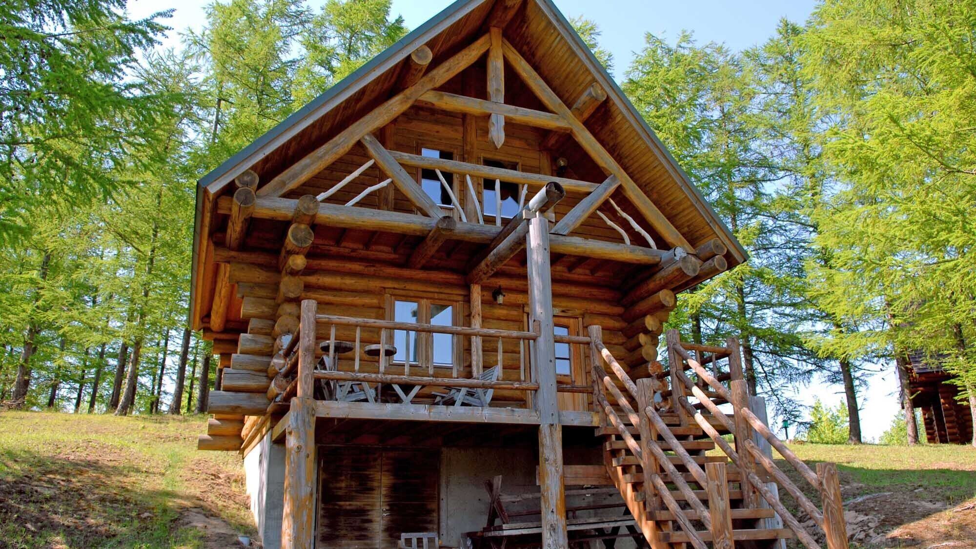 A wooden cabin with a balcony, a staircase, and a door.