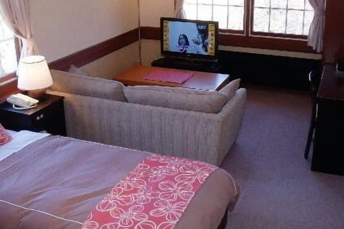 Une chambre d’hôtel avec un lit, un canapé, une télévision et un bureau.