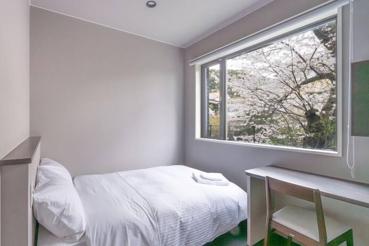 A small, modern bedroom with a single bed, a desk, and a large window offering a view of trees.