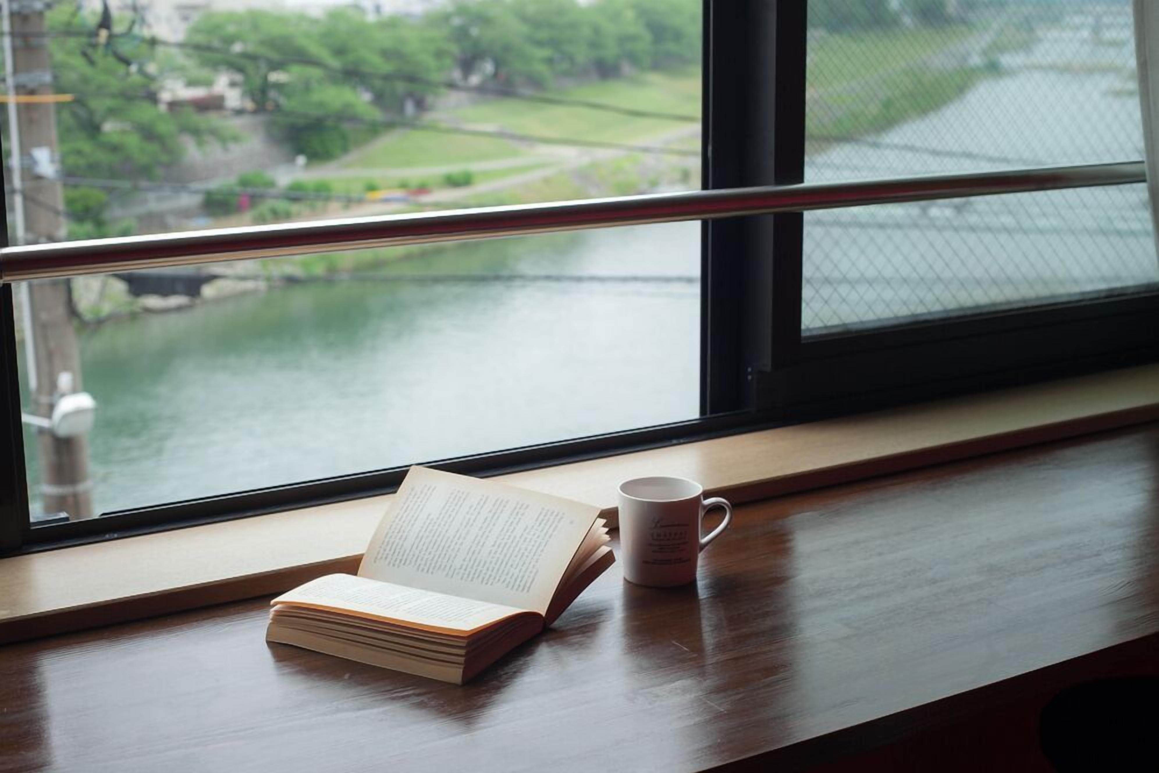 A window with a view of a green landscape, a book, and a mug on a wooden ledge.