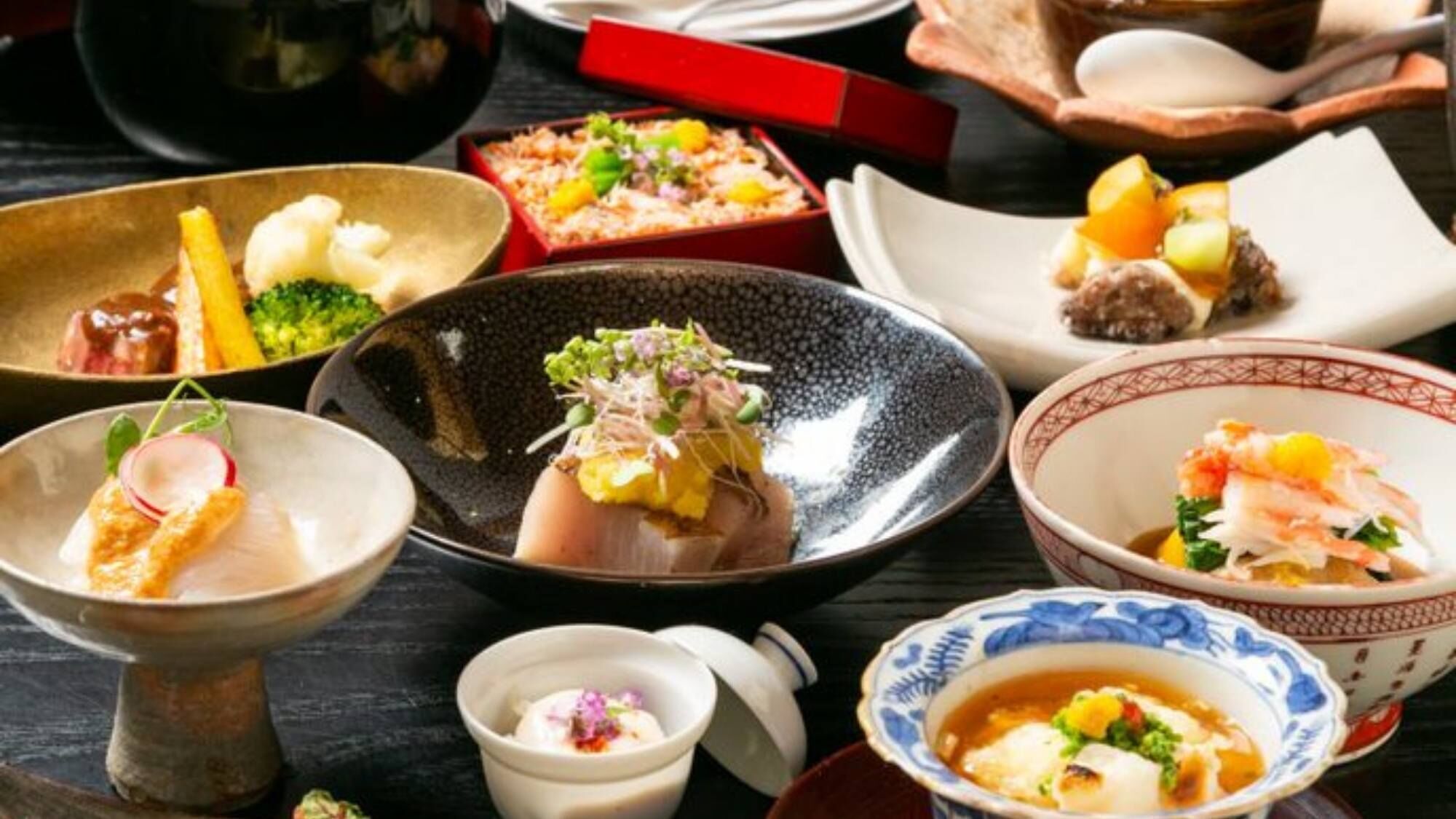 A variety of dishes on a table, suggesting a dining setting.