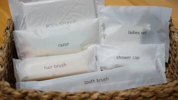 A basket containing various personal care items.