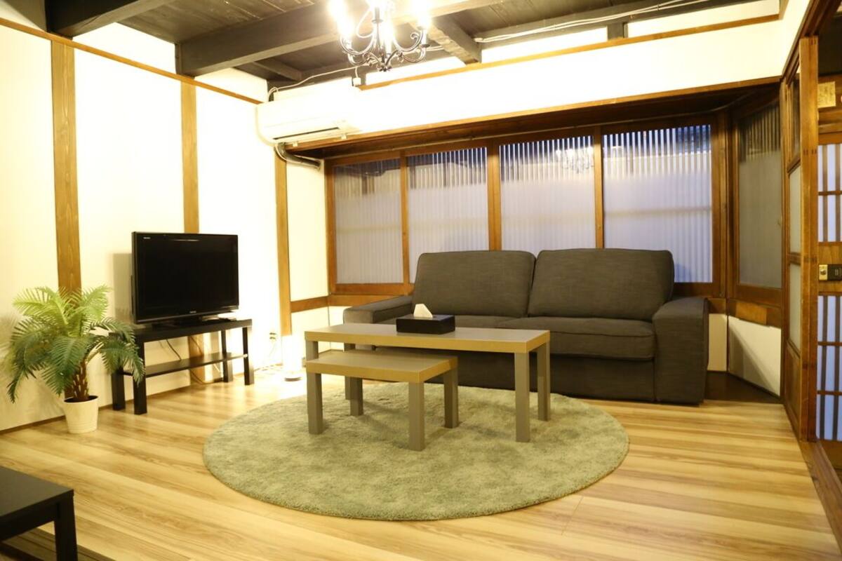 A living room with a television, sofa, coffee table, and a potted plant.