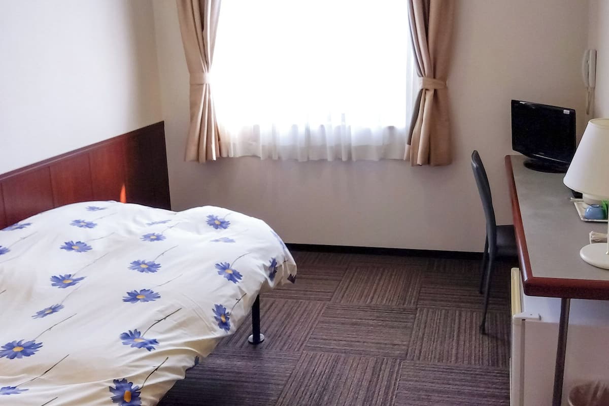 A hotel room with a bed, a desk, a chair, a television, and a window with curtains.