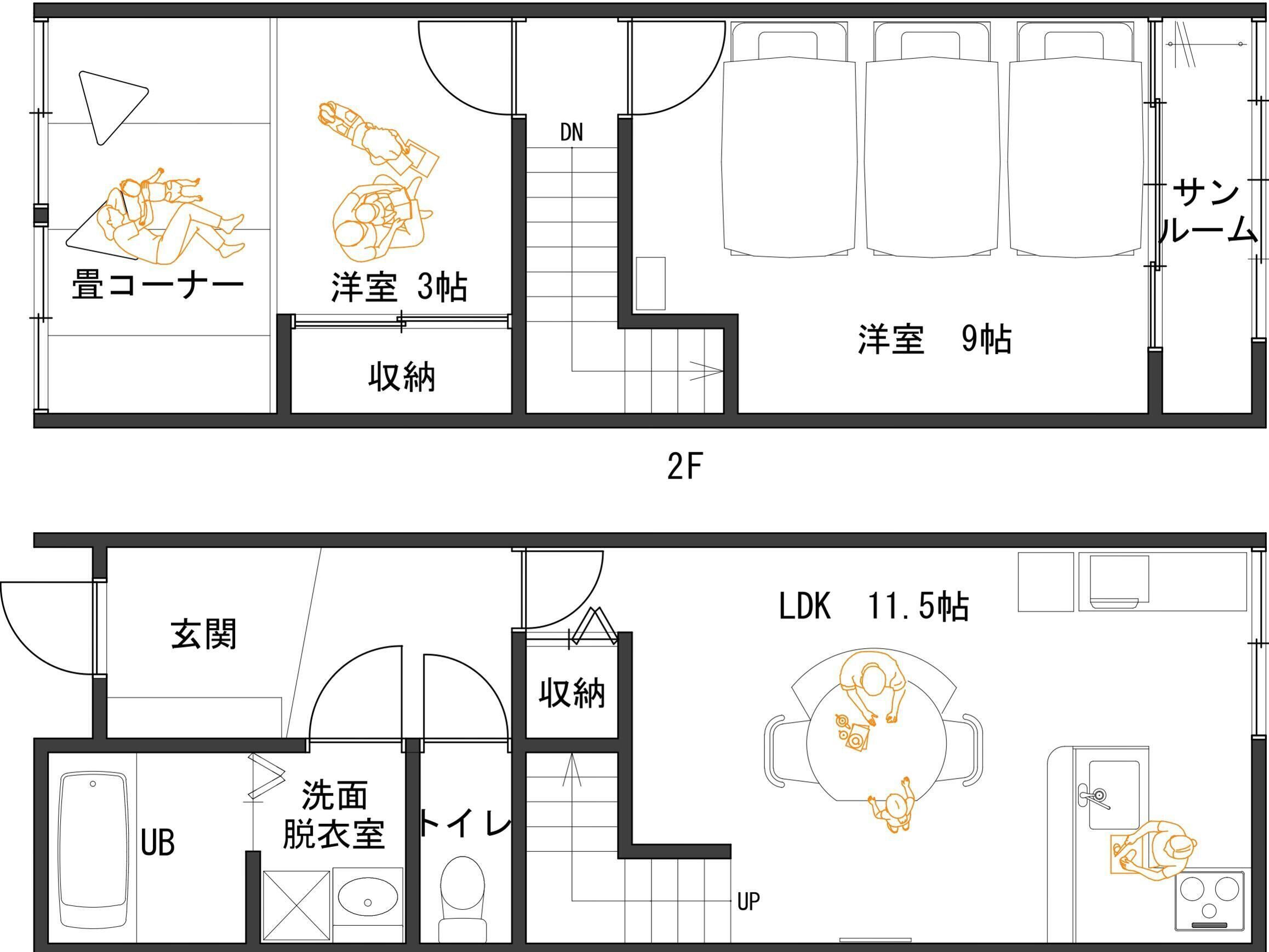 A hotel floor plan with 3 and 9 room options, a 2F lounge area, a 2F laundry room, a 2F bathroom, and a 2F laundry room.