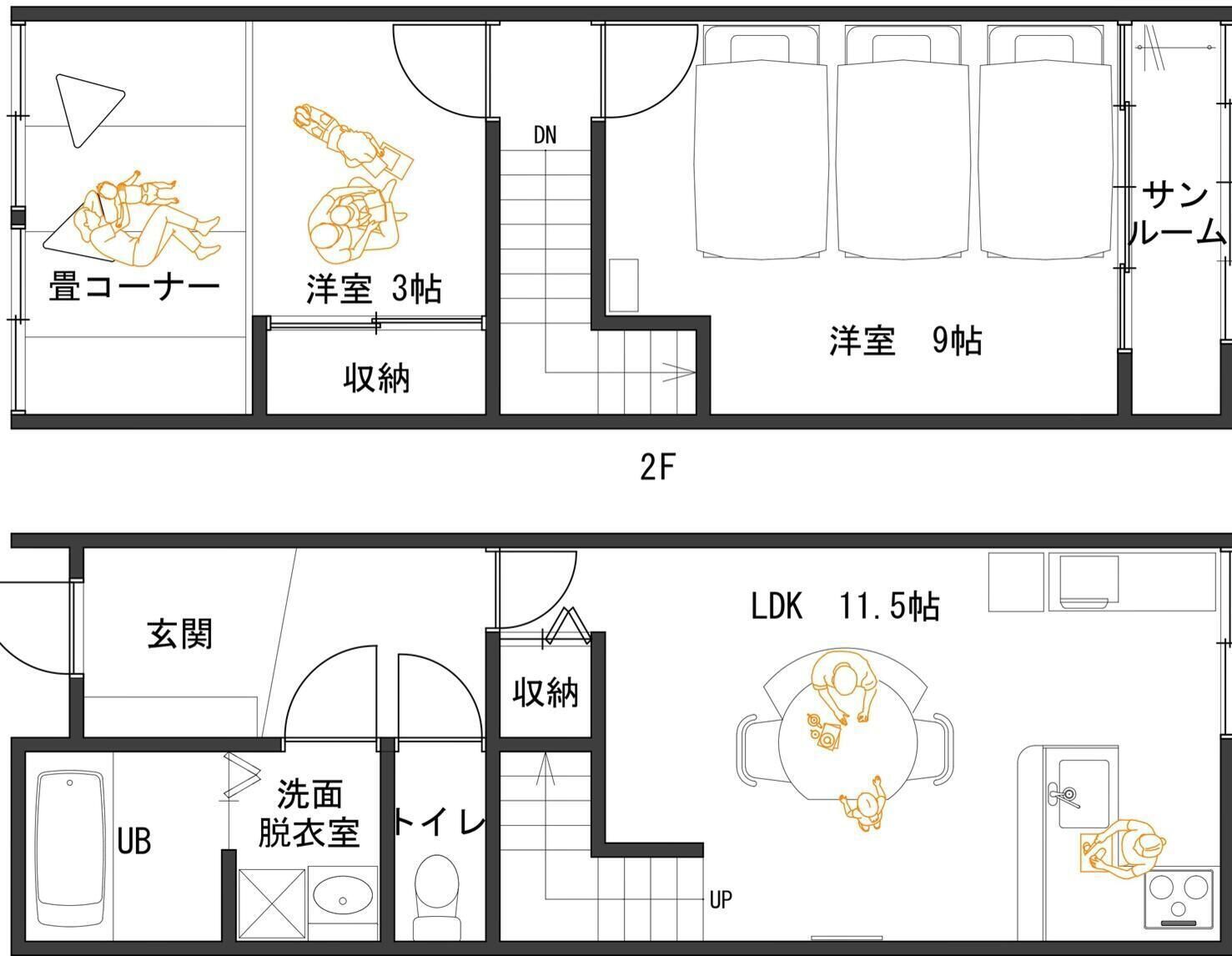 A hotel floor plan with 2F and 3F levels. It includes a 3-room suite, a 9-room suite, a 11.5-room suite, a bathroom, a laundry room, and a toilet room.