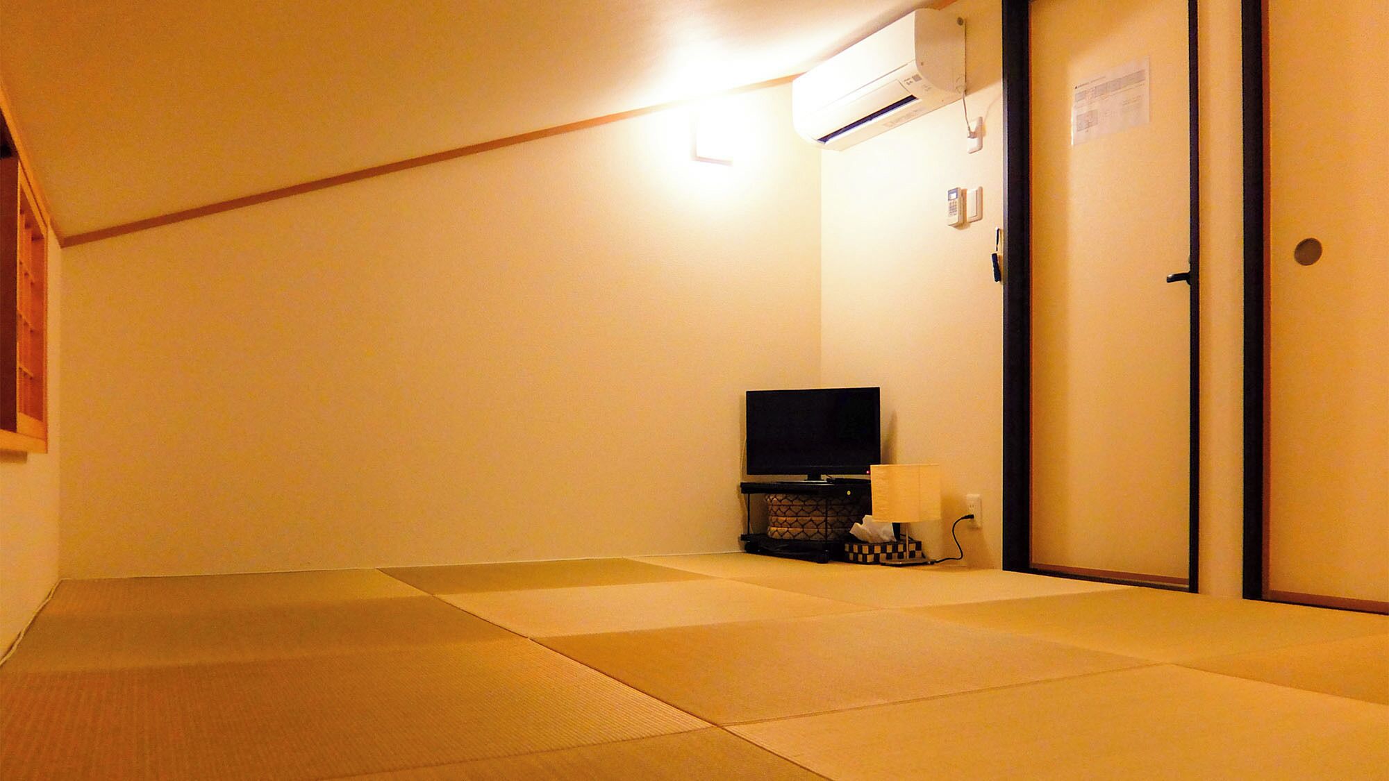 A room with tatami mats, a television, a lamp, and a door.