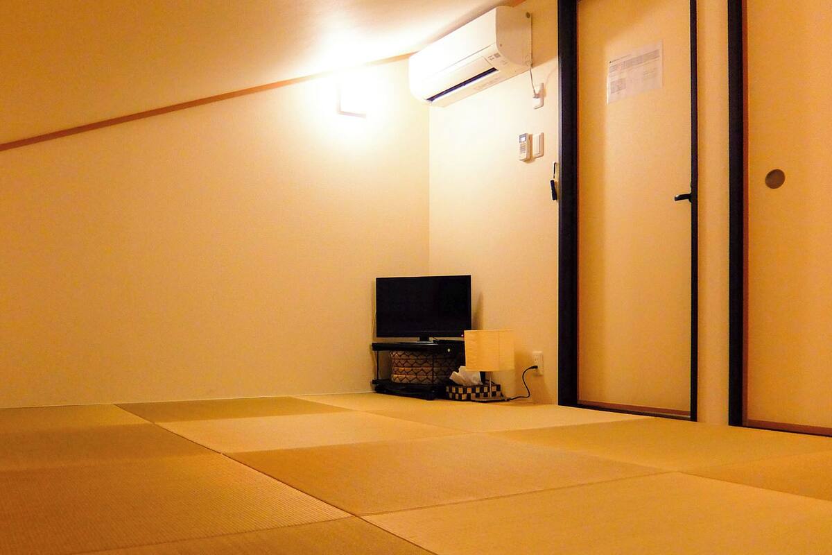 A room with tatami mats, a television, a lamp, and a door.