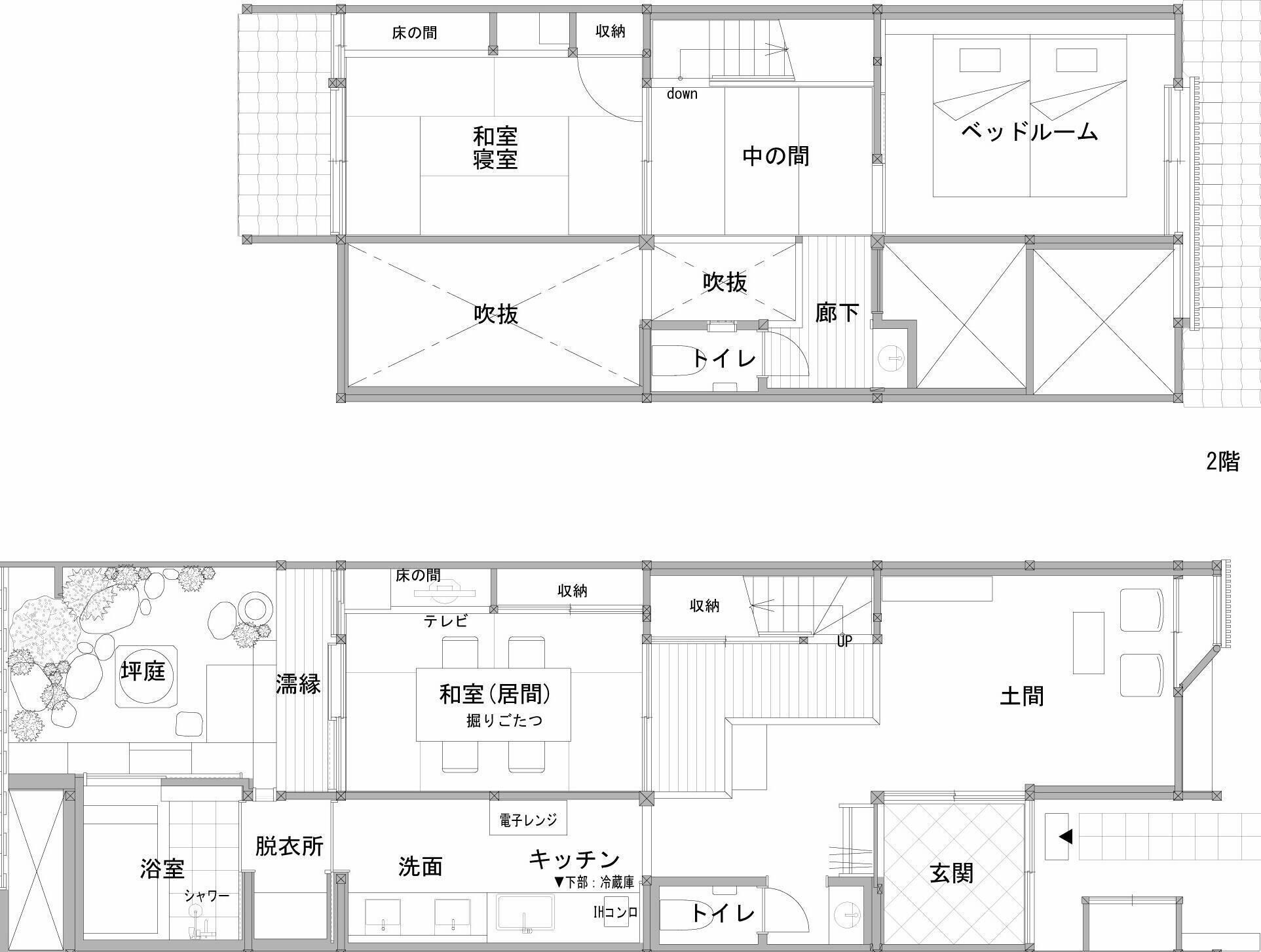 A 2-floor hotel layout with a TV room, bedroom, bathroom, and kitchen.