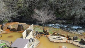A natural hot spring area with stone steps and wooden railings. - Obokoso (Yakumo)