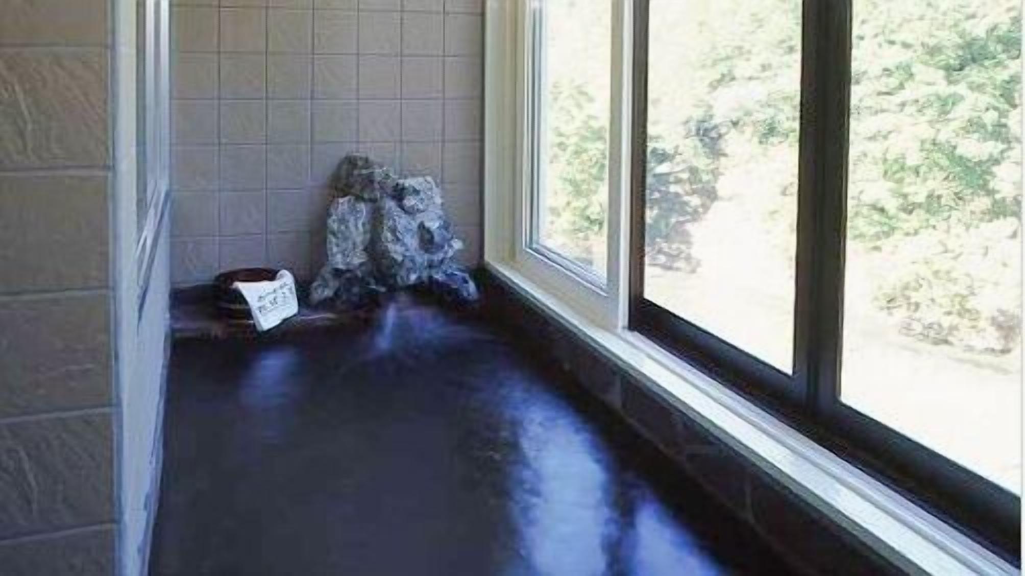 A room with a dark floor, a stone feature, and a window with a view of greenery.