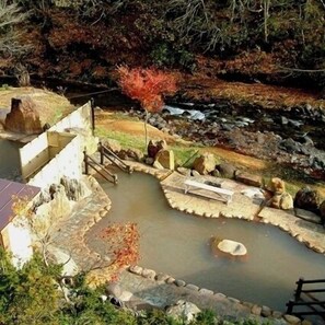 Un onsen japonés tradicional con una bañera de piedra, escalones de madera y un entorno natural.
