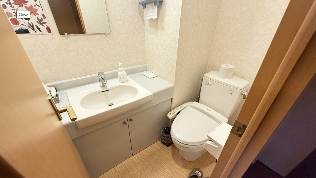 A bathroom with a sink, toilet, and a mirror.